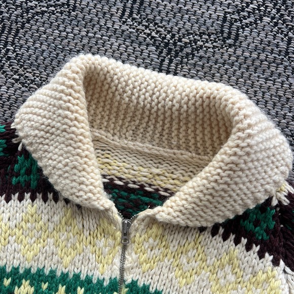Vintage Cowichan Size Large Cream Wool Tribal Cowl Neck Sweater 60s - Picture 3 of 7